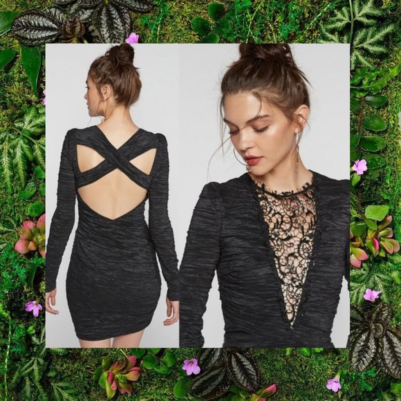 Free People Dresses & Skirts - FREE PEOPLE Dress Mini Sequin Ruched Lace Boho Open Back Cocktail Party Black